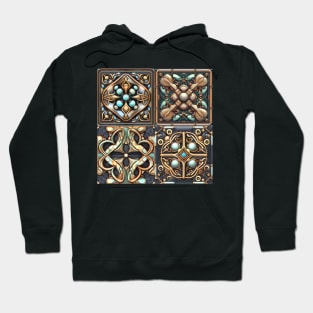 Celtic, Turquoise and Gold, Black Leather Tile Design Hoodie